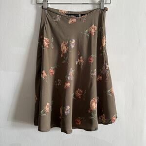 90s Vintage Express Brown Floral Skater Skirt Flared Skirt | Extra Small